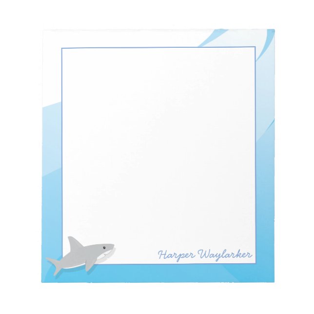 Illustrated Blue White Gray Shark Name Notepad (Front)