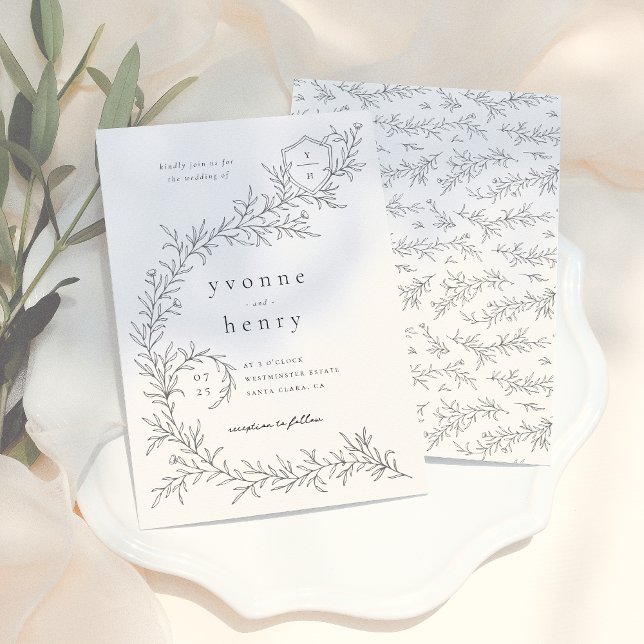 Illustrated Botanical Floral Black & Cream Wedding Invitation (Creator Uploaded)