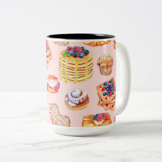 Illustrated Breakfast Sweet Treats in Retro Style Two-Tone Coffee Mug