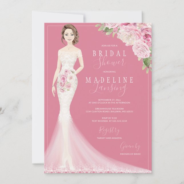 Illustrated Bride in Lace Gown Bridal Shower Invitation (Front)