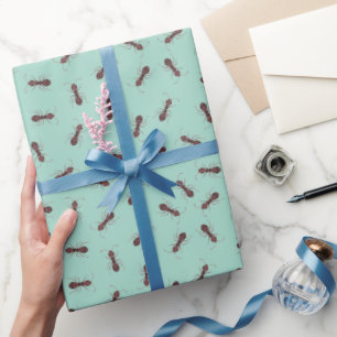 Illustrated Brown Ants on Light Turquoise Wrapping Paper
