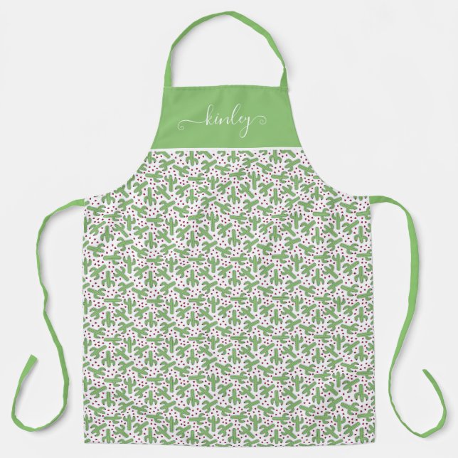 Illustrated Cactus & Pink Flowers Pattern Apron (Front)
