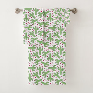 Illustrated Cactus & Pink Flowers Pattern Bath Towel Set