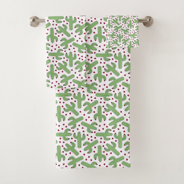 Illustrated Cactus & Pink Flowers Pattern Bath Towel Set (Insitu)