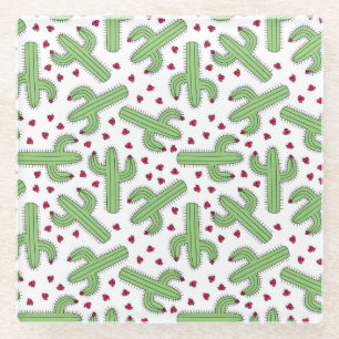 Illustrated Cactus & Pink Flowers Pattern Glass Coaster