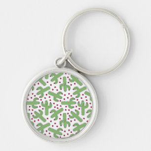 Illustrated Cactus & Pink Flowers Pattern Key Ring