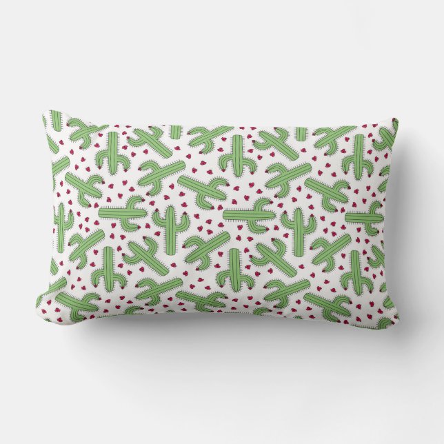 Illustrated Cactus & Pink Flowers Pattern Lumbar Cushion (Front)