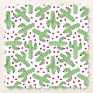 Illustrated Cactus & Pink Flowers Pattern Paper Coaster