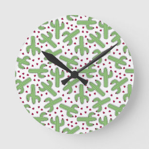 Illustrated Cactus & Pink Flowers Pattern Round Clock