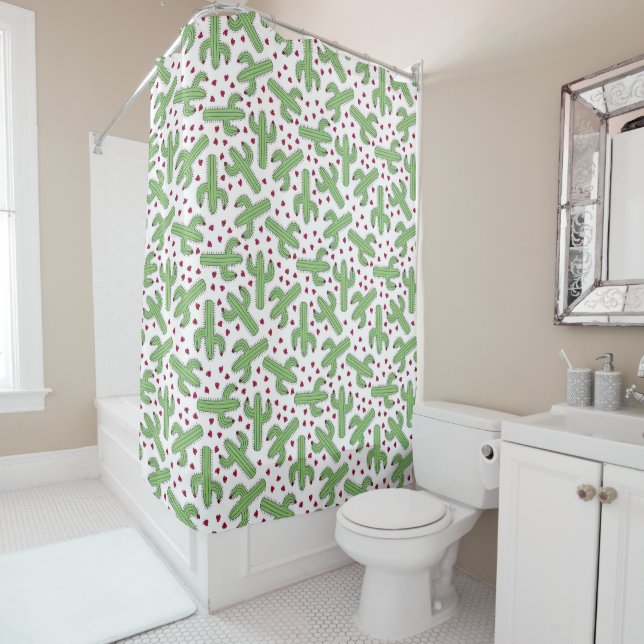 Illustrated Cactus & Pink Flowers Pattern Shower Curtain (In Situ)