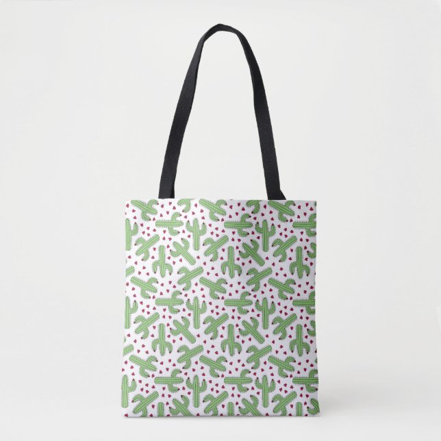 Illustrated Cactus & Pink Flowers Pattern Tote Bag (Front)