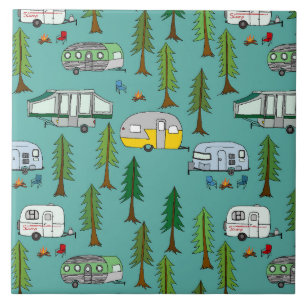 Illustrated Campers Background Ceramic Tile