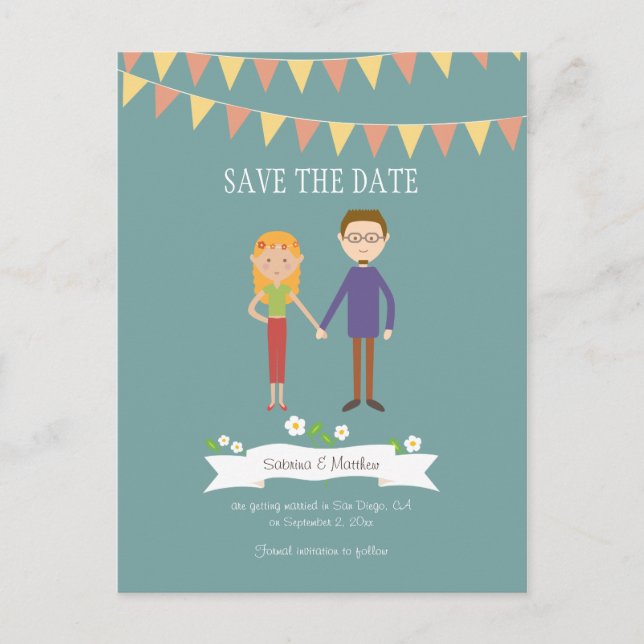 Illustrated Cartoon Couple Portrait Wedding Announcement Postcard (Front)