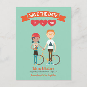 Illustrated Cartoon Couple Portrait Wedding Announcement Postcard