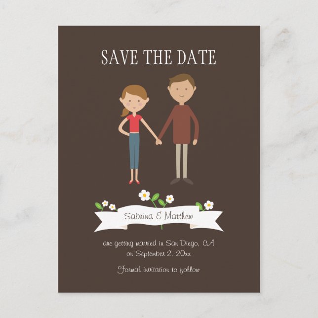 Illustrated Cartoon Couple Portrait Wedding Announcement Postcard (Front)
