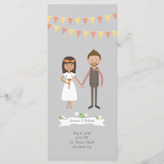 Illustrated Cartoon Couple Portrait Wedding Program (Front)