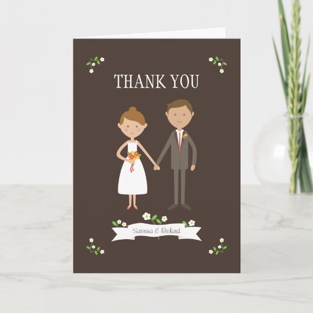 Illustrated Cartoon Couple Portrait Wedding Thank You Card (Front)