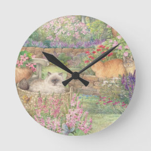 Illustrated Cats in Garden Round Clock