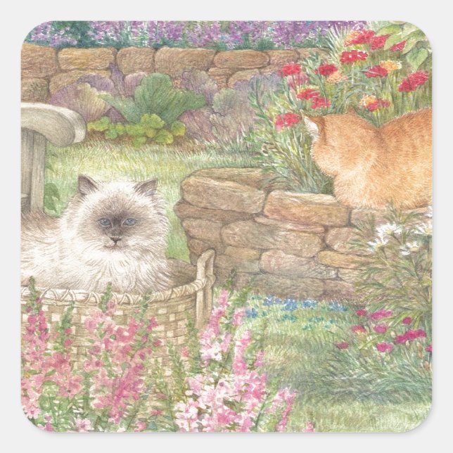 illustrated cats in garden square sticker (Front)