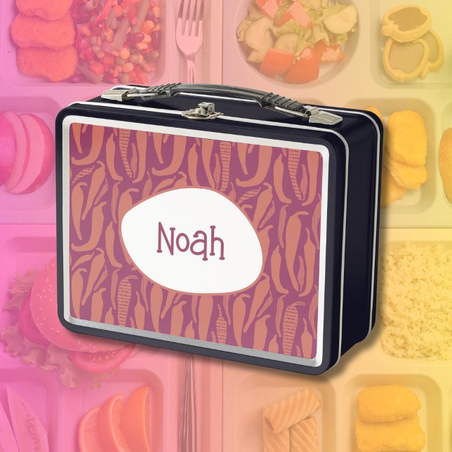 Illustrated Chilli Pepper Pattern with Kids Name Metal Lunch Box (Creator Uploaded)