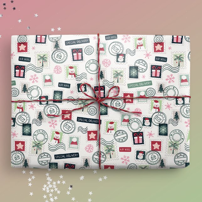 Illustrated Christmas Mail Stamps Wrapping Paper (Gift Mockup)