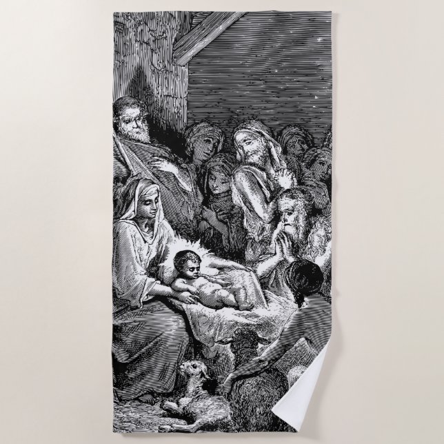 Illustrated Christmas Nativity Scene Beach Towel (Front)