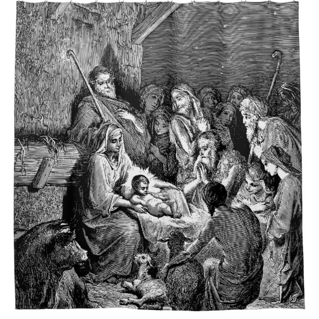 Illustrated Christmas Nativity Scene Shower Curtain (Front)