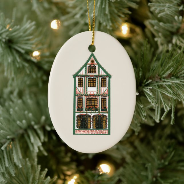 Illustrated Christmas Timber Frame House Photo Ceramic Ornament (Tree)