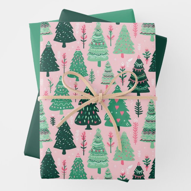 Illustrated Christmas Tree Green & Pink Wrapping Paper Sheet (In situ)