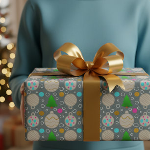 Illustrated Christmas Trees & Cute Ornaments Wrapping Paper