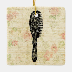 Illustrated Classic Womens Hair Brush Floral Art Ceramic Ornament