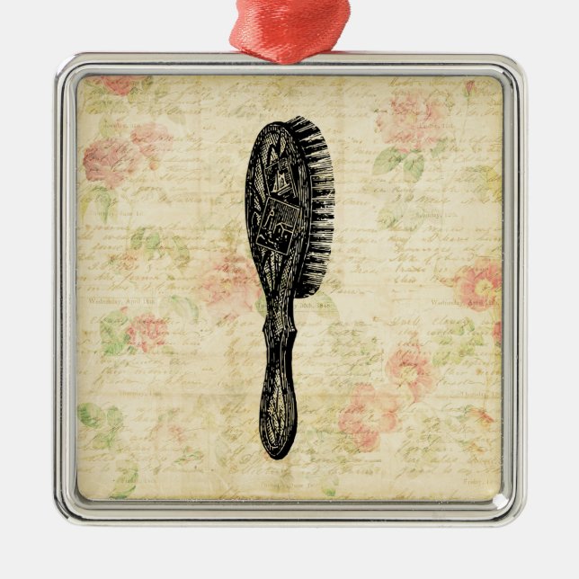 Illustrated Classic Womens Hair Brush Floral Art Metal Ornament (Front)
