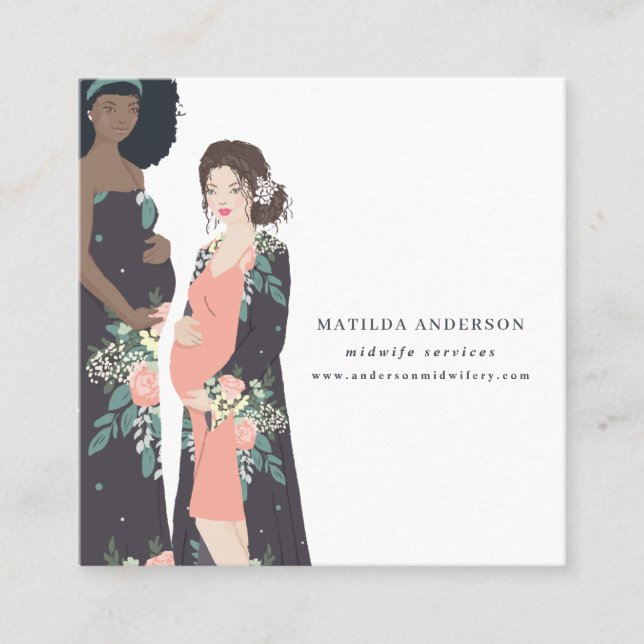 Illustrated colourful + floral midwife square business card (Front)