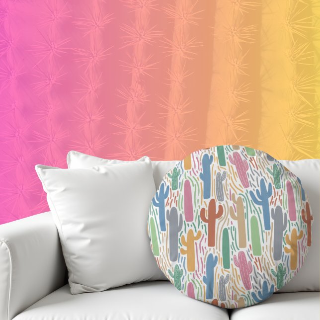 Illustrated Colourful Saguaro Cactus Pattern Round Cushion (Creator Uploaded)