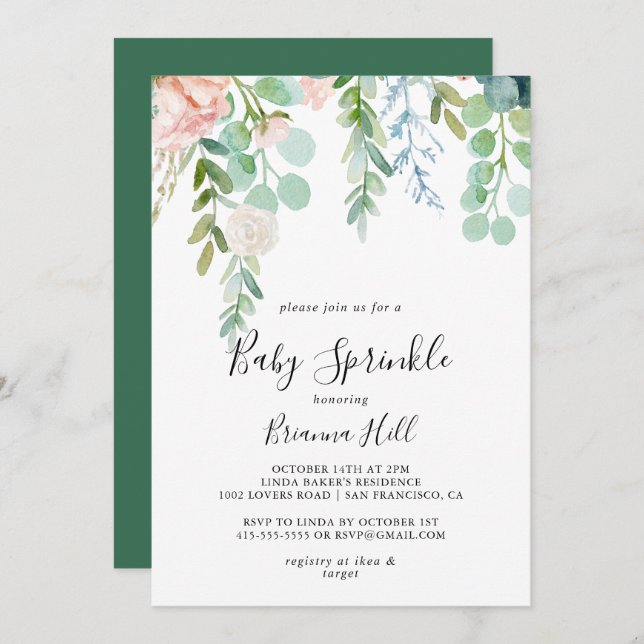 Illustrated Colourful Tropical Floral Baby Sprinkl Invitation (Front/Back)