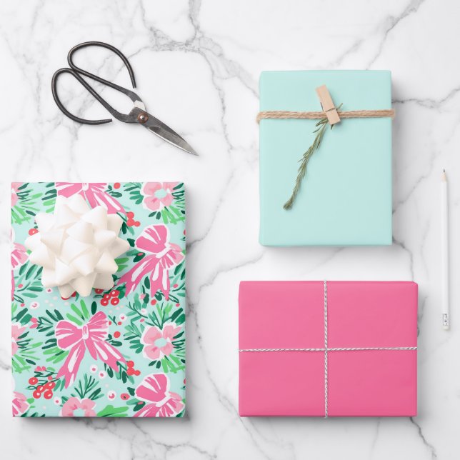 Illustrated Coquette Bow Modern Mint Gift Wrap (Front)