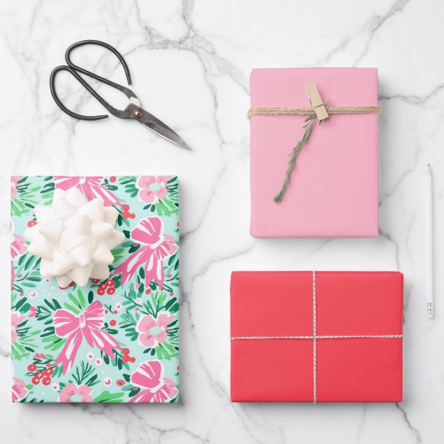 Illustrated Coquette Bow Modern Pink Gift Wrap (Front)