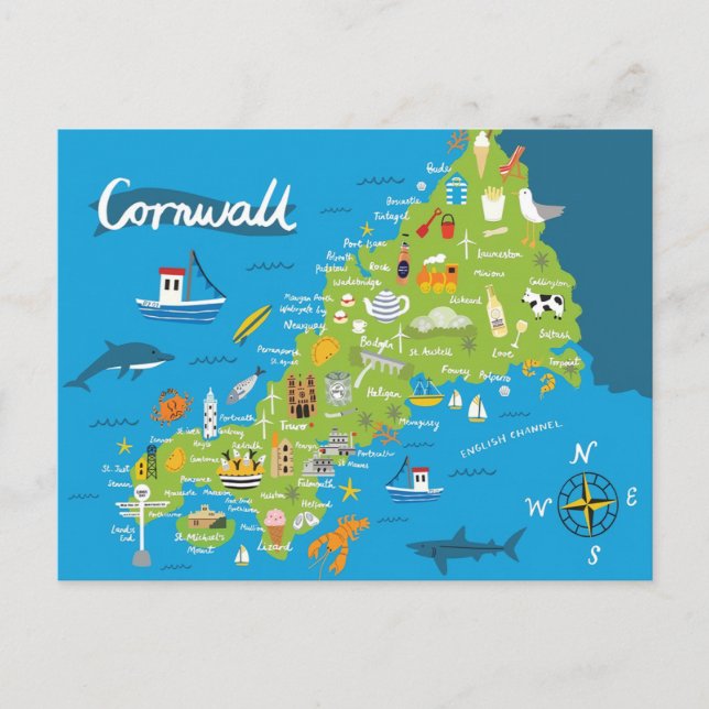 Illustrated Cornwall Map  Postcard (Front)