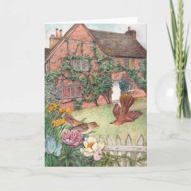Illustrated cottage garden with birds card (Front)