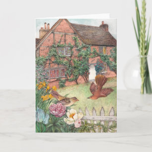 Illustrated cottage garden with birds card