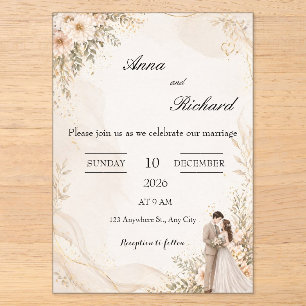 Illustrated Couple & Light Pink Florals Invitation
