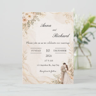 Illustrated Couple & Light Pink Florals Invitation