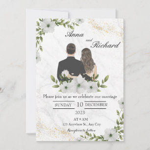 Illustrated Couple & White Florals Save The Date