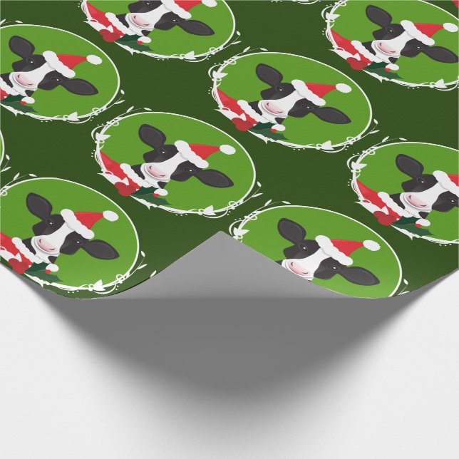 Illustrated Cow Santa Hat Green Novelty Christmas Wrapping Paper (Corner)