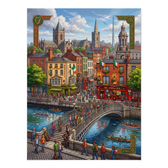 Illustrated Dublin Cityscape & Ha'penny Bridge Pre Poster (Front)
