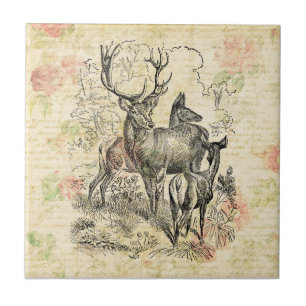 Illustrated Family of Deer Pretty Floral Script Ceramic Tile