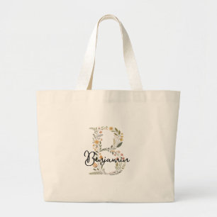Illustrated Floral Initial and Name Tote Bag