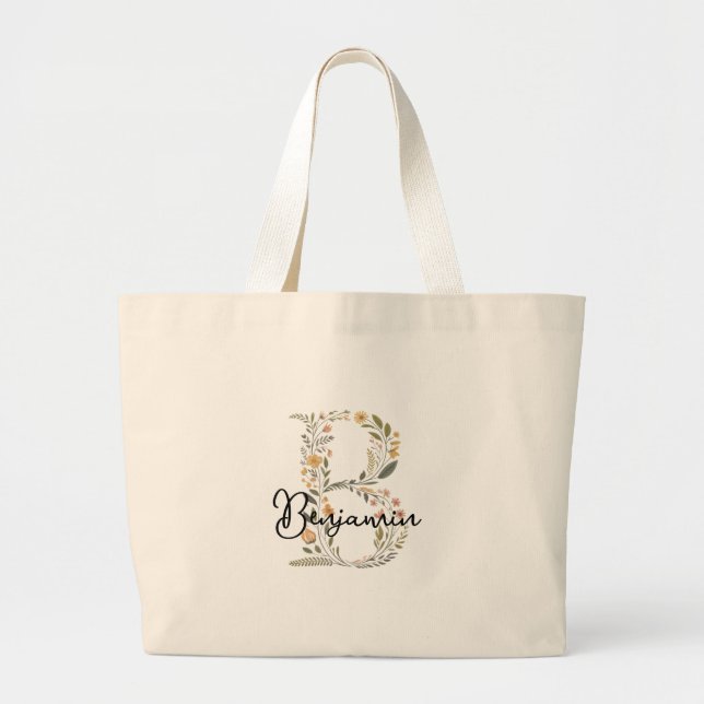 Illustrated Floral Initial and Name Tote Bag (Front)