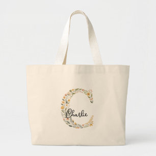 Illustrated Floral Initial and Name Tote Bag