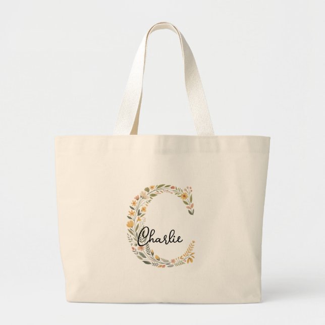 Illustrated Floral Initial and Name Tote Bag (Front)
